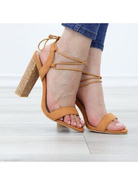 Faux Suede Criss Cross Ankle Laces Cork High Heel